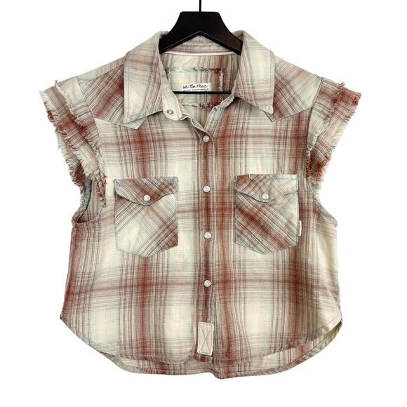 Free People We The Free Plaid Cap Sleeve Pearl Snap Shirt Beige Orange - XS - Picture 1 of 8